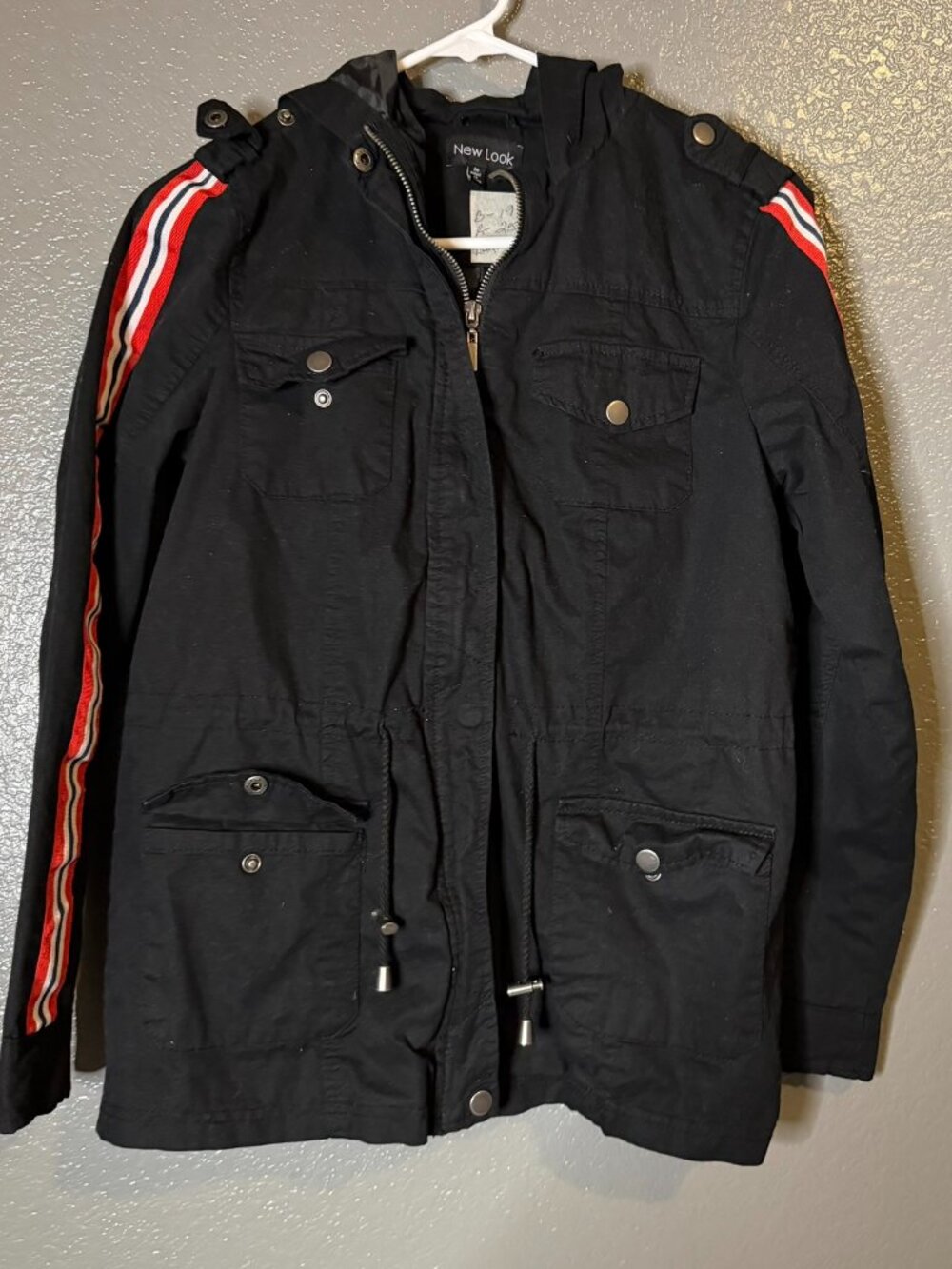 Black Utility Jacket Hooded Stripe Sleeve Lightweight Casual Women M